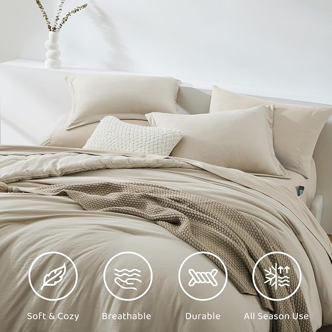 WRENSONGE Light Oatmeal Queen Comforter Set, 7 Pieces Soft Microfiber Comforters Queen Size with Fitted Sheet, Flat Sheet, 2 Pillow Shams, and 2 Pillowcases- Warm Bedding Sets Queen for All Season
