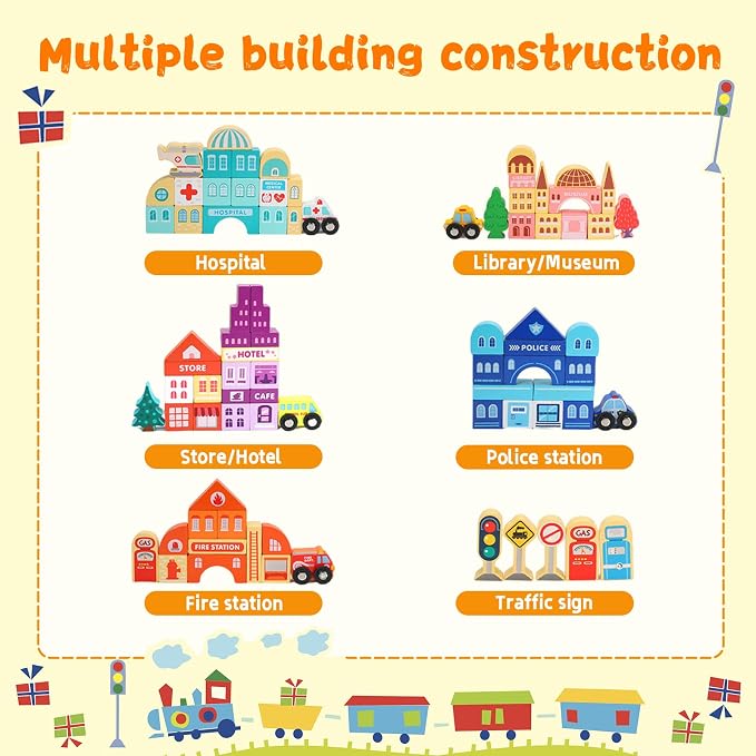 Adena Montessori Wooden Take-Along Tabletop for Toddlers,75 Blocks Set Track Train Set,Electric Train City Building Construction Stacking Blocks Preschool Learning Educational Toys(Large Size)