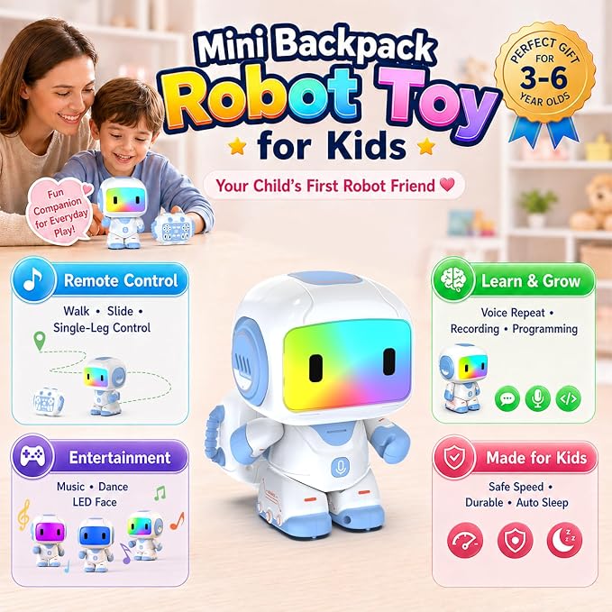 Robot Toys for Kids Ages 3-6, Mini Backpack Remote Control Robot with Voice Recording & Repeat, LED Light-Up Face, Music Dance, Programmable Actions, STEM Toy Gifts for Boys Girls