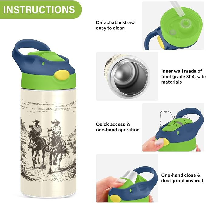 Boccsty Horse Cowboys Kids Water Bottle with Straw Lid American Wild West Desert Insulated Stainless Steel Reusable Tumbler for Boys Girls Toddlers 12 oz Green