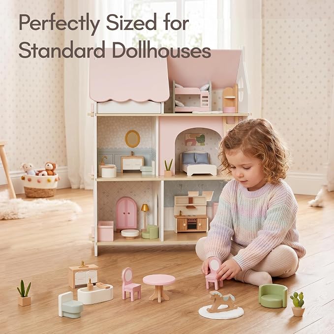 Giant bean 33PCS Wooden Dollhouse Furniture Set for Kids, Modern Pink Doll House Furniture Accessories with Bedroom, Nursery, Kitchen, Bathroom,Living Room, Montessori Pretend Play Toys for Girls 3+