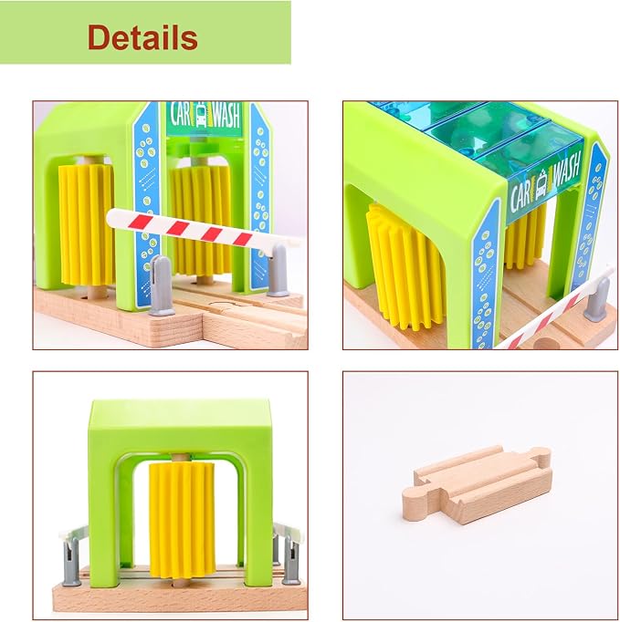 Car Wash Toy for Wooden Train Set Accessories,Wooden Train Washing Station Playset for Toddlers,Compatible with Thomas, Brio, Chuggington