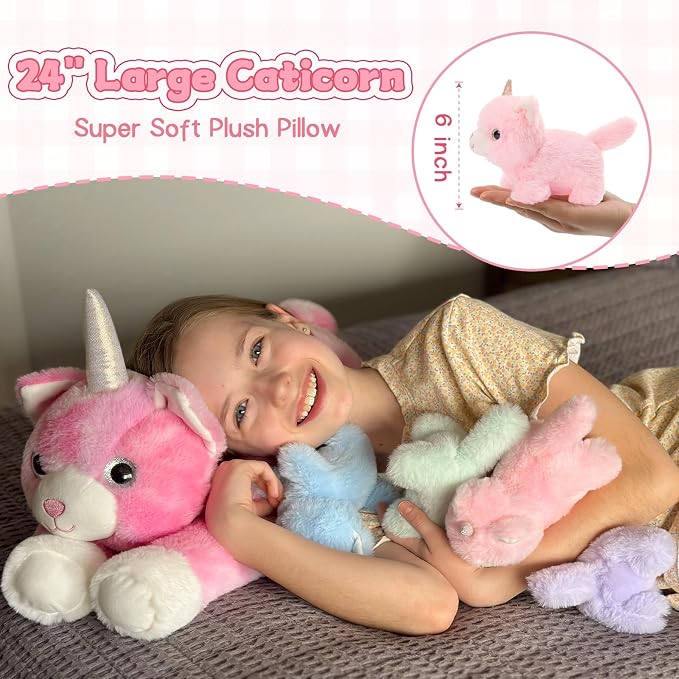 MorisMos Unicorn Cat Stuffed Animal With Kitten Babies, 24'' Caticorns, Rainbow Unicorn Cat Toys for Girl Boy Kids, Mommy Plush Cat With Baby Kitten Stuffed Animals, Kitty Cat Pillow