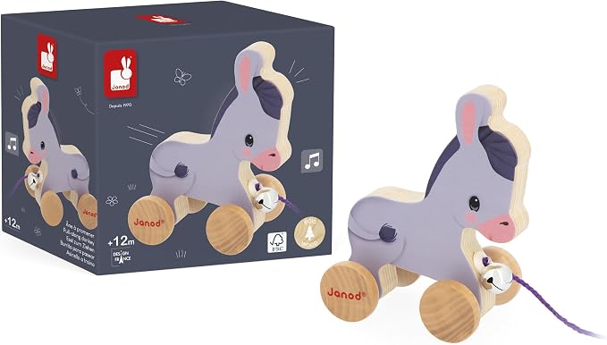 Janod - Wooden Donkey with Bell - Pull and Push Activity Toy - Learn Motor Skills and Imagination - 50cm String Suitable for Little Hands - from 12 Months, J03323