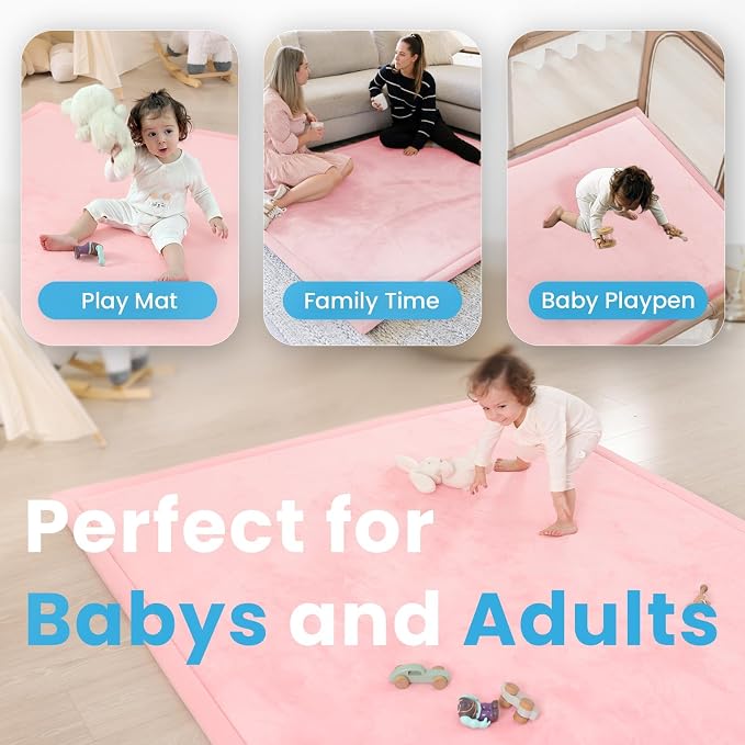 1.3" Thick Baby Floor Play Mat, 59x79 Padded Foam Tummy Time Crawling Mat, Non-Slip Water-Repellent Soft Plush Nursey Area Rug for Playroom Living Room (Pink)