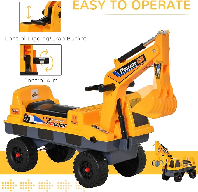 Qaba No Power 2 in 1 Ride On Excavator with Helmet and Claw, Construction Truck Set, Multi-Functional Digger with Storage, Light and Music, Yellow