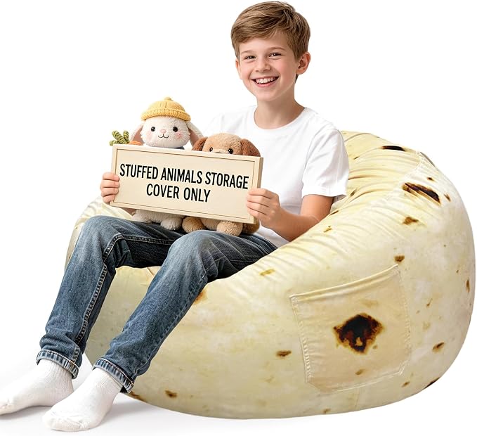 Lukeight Burrito Stuffed Animals Storage Bean Bag Chair Cover for Kids Teens, Cozy Velvet Plush Toy Organizer Seat, Cover Only, No Filling Included, Long YKK Zipper, Side Pocket, XX-Large 36 x 20 in