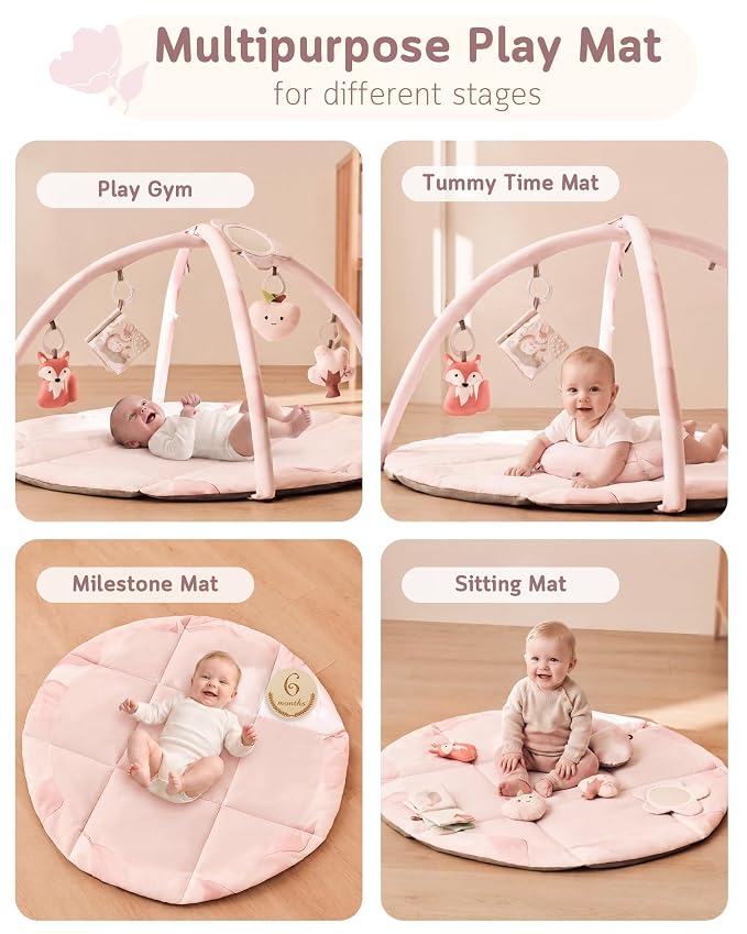 Fortella Baby Play Gym & Activity Mat, Machine Washable & Foldable Tummy Time Mat with 5 Detachable Toys, Certified Safe Newborn Essentials Gift for Baby Registry 0-12 Months (Rose Pink)