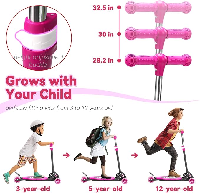 Scooter for Kids 3-12, Kid Scooters with Extra-Wide Deck, 165 lbs Capacity, 3 Wheel Kick Scooter with Lean to Steer, Height Adjustable Handlebar, Light Up Wheels for Stable Smooth Riding, Child Gift