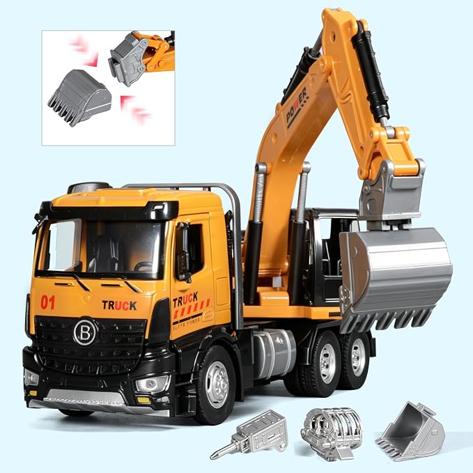 Excavator Toy Diecast Metal Cab Construction Truck Toys for Kids Excavator with Movable Robotic Arm Pull Back Toy Excavator with Lights and Sounds Excavator Toys for Boys 3-5 Year Old