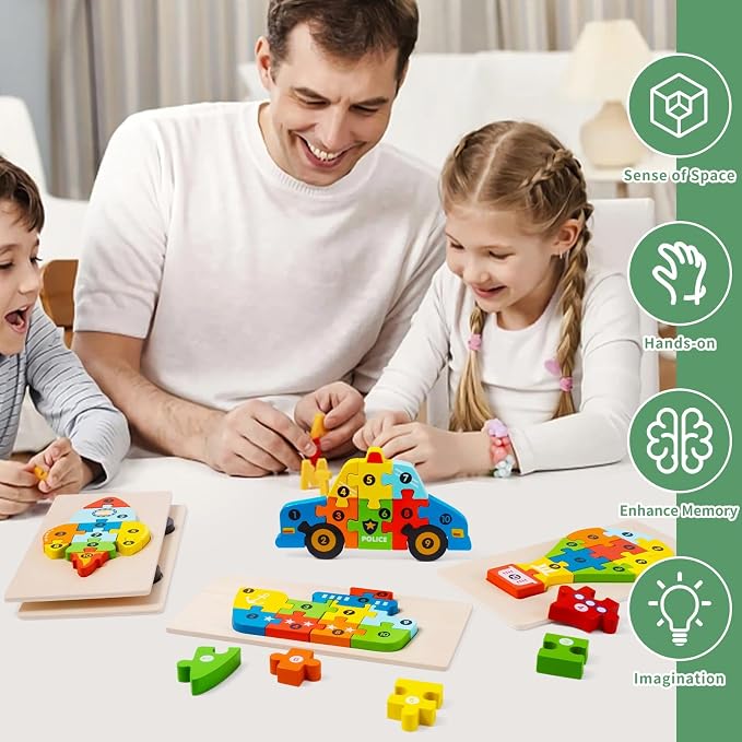 Wooden Puzzles for Toddlers Ages 3-5, 6 Pack Montessori Transportation Vehicle Toys with Numbers 1-10, Educational Preschool Learning Toy, Birthday Gift for 3 4 5 Year Old Boys & Girls (60 Pieces)