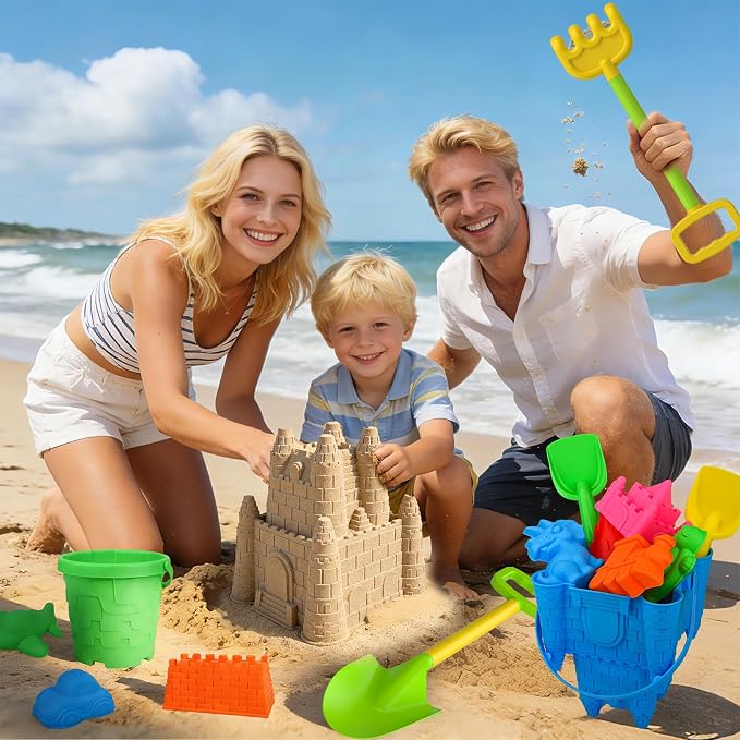 Beach Toys for Kids,28PCS Sand Castle Building Kit with 3 Castle Bucket and Sand Molds,Shovels and Rakes,Mesh Bag,Sandbox Toys for Toddlers,Outdoor Travel Beach Toys for Kids Boys Girls Age 3-10