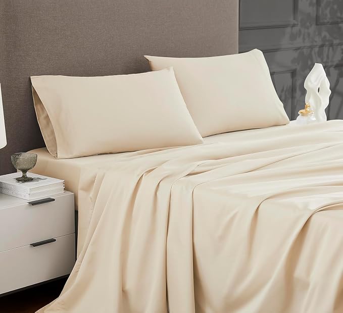 Linen Closet Luxury 1200 Thread Count Full Size Sheets Set, 4 Pieces, Cotton Rich, Beige, Soft, Durable & Wrinkle Resistant Sateen Sheets, 16" Deep Pocket Fitted Sheet, Home & Hotel Essentials