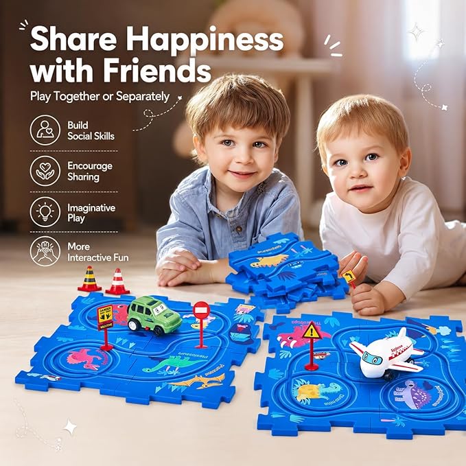 hahaland Dinosaur Race Track for 3+ Year Old Boys, Puzzle Racer Car Track Set with Airplane & Car, Toddler Puzzle Racetrack, Educational Car Puzzle Toy, Gift for 3 Year Old Boys