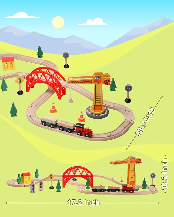 SainSmart Jr. Wooden Train Set for Toddler, 41pcs Wood Train Track w/Crane Fits Brio, Thomas, Melissa and Doug, Kids Wood Toy Train for Kids Ages 3+