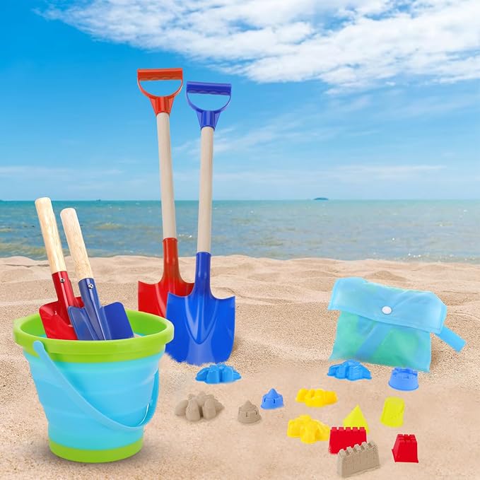 18 Pcs Beach Bucket Shovels Toys for Kids,Kids Collapsible Beach Sand Toys Sand Castle Sandbox with Long Shovel,Marine Life Castle,Sandbox with Bag for Boys Girls