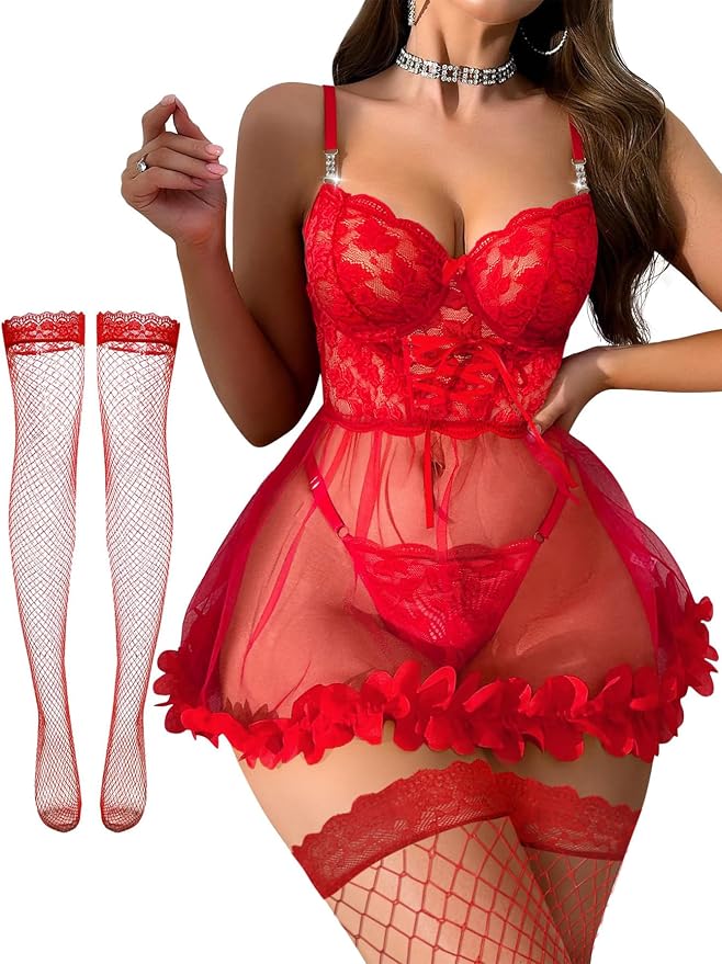 Foxiny Sexy Ruffle Floral Skirt Underwire Mesh Sheer Lace Babydoll Lingerie Dress with Thong 2 Piece