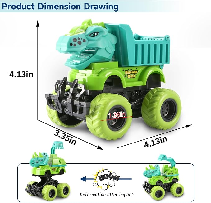 Dinosaur Monster Truck Toys for 3 4 5 Year Old Boys, 2 Pack with 6 Mini Dinosaur Figures, Monster Trucks for Boys Ages 3-4-5-7, Toys for Kids 3-5 Years Birthday /Christmas