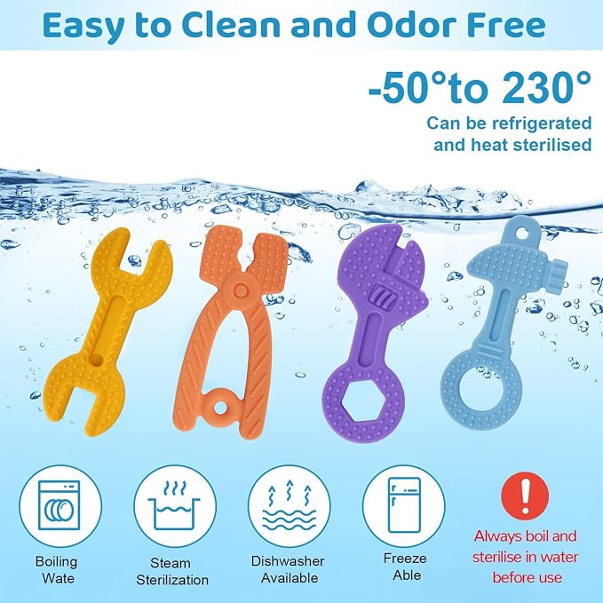 Yinghezu 4 Pack Chew Baby Teething Toys for 0-12 Months, Freezable BPA Free Silicone Baby Molar Teether Chew Toys, Hammer Wrench Spanner Pliers Shape Baby Girl's Boy Car Seat Toy
