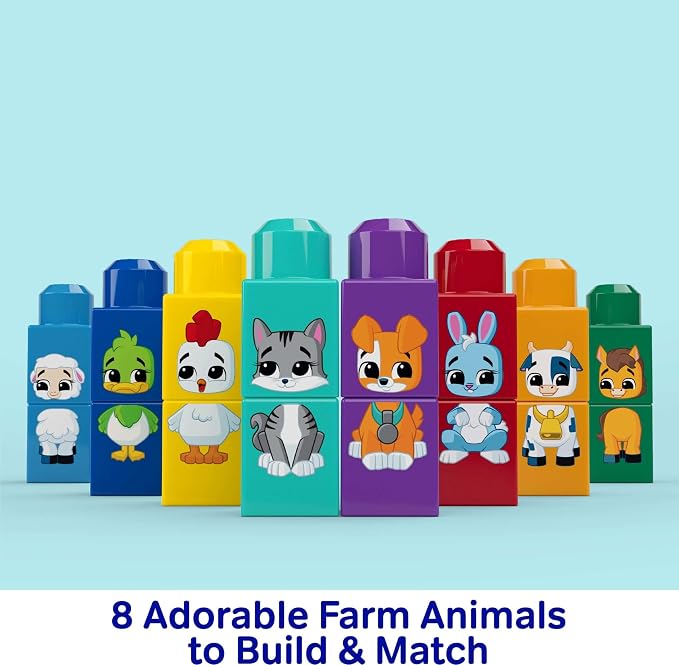 MEGA BLOKS First Builders Toddler Block Toys Set, Build & Match Animal Tractor with 30 Pieces, Learn Animals and Colors, Red and Blue, Ages 1+ Years