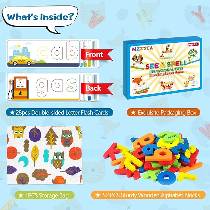 Learning Educational Toys for 3 4 5 6 Years Old Boys Girls, See & Spell Matching Letter Game with Alphabet Cards for Kids, Preschool CVC Word Builders Toy, Christmas Birthday Gifts for Age 3-4 4-6
