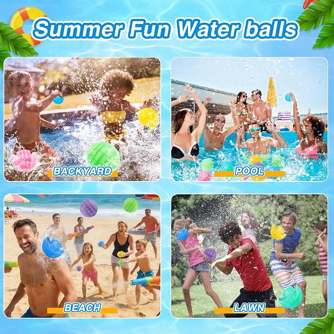 12 Pack Reusable Water Balloons, Squeeze Self-Sealing Quick Fill Silicone Water Bombs, Water Fight Toys for Summer Outdoor Pool Beach Backyard Games for Kids & Adults