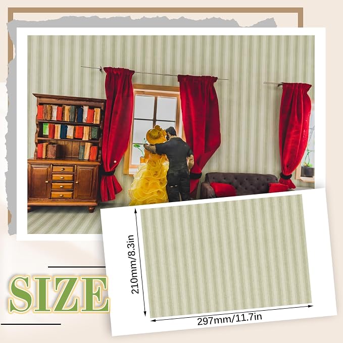 Flutesan 12 Pcs Miniature Dollhouse Wallpaper and Flooring Peel and Stick Mini DIY Self Adhesive Dollhouse Accessories 8.27 x 11.69 Inch (Vintage Stripes)