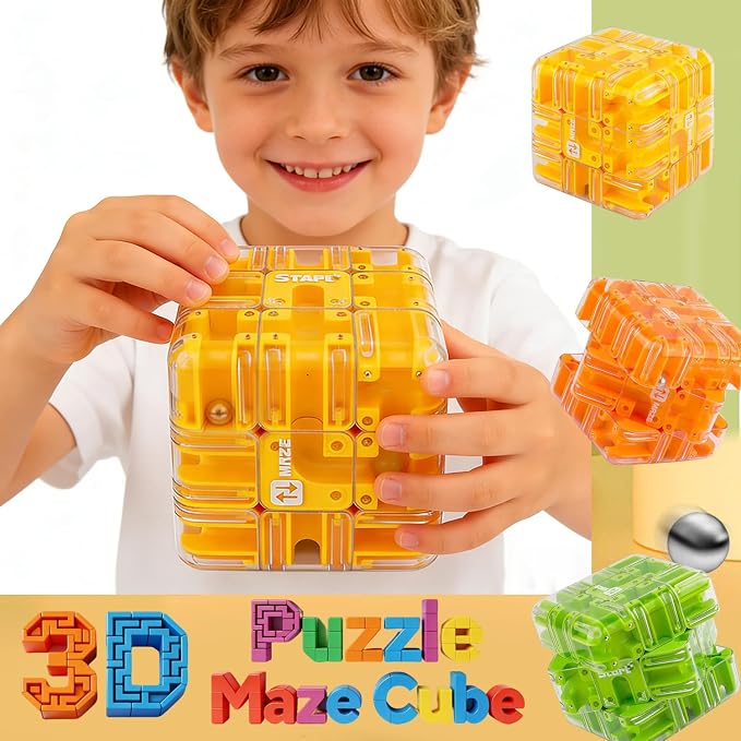 Puzzle Maze Cube for Adults & Kids, 3D Labyrinth Magic Brain Teaser Game, Educational Sensory Learning Toys Birthday Gift for 5 6 7 8 12+ Years Old Boys Girls（Orange）