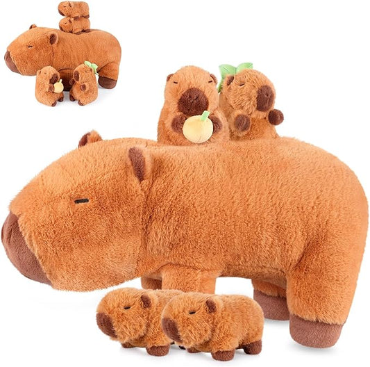 SuzziPals 5-in-1 Capybara Stuffed Animals with Babies Inside, 5Pcs Set Capybara Plush with Mommy & 4 Babies, Soft Pillow Plushies Decor, Cute 3 to 8 Year Old Girl Gift, Imaginative Play Toy (Capibara)