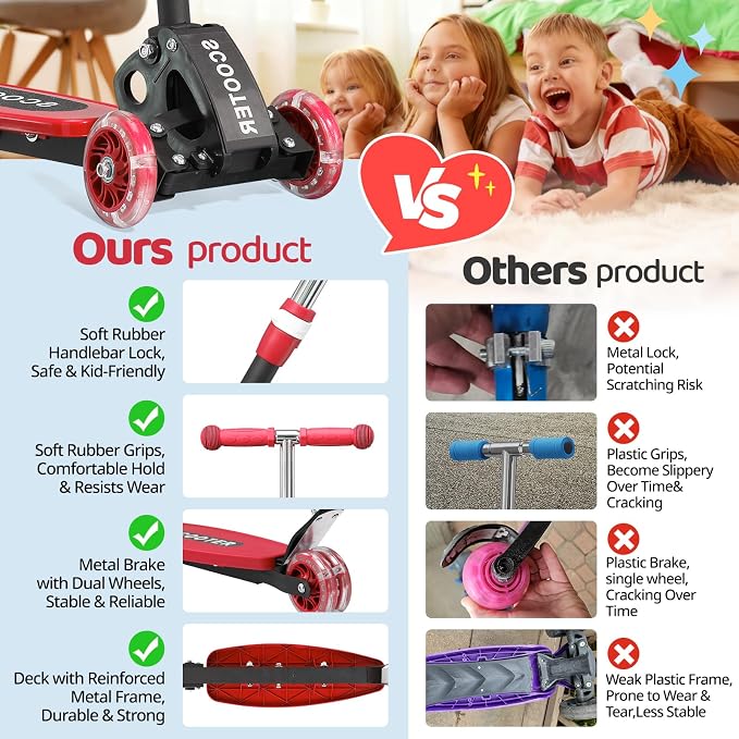 3 Wheel Kids Kick Scooter for Ages 3-12, Lean-to-Steer, Light-Up Wheels, 3-Level Adjustable Handlebar 27.5”-33”, Wide Non-Slip Deck, Dual Rear Brake,Travel Foldable, for Boys & Girls Toy Gifts