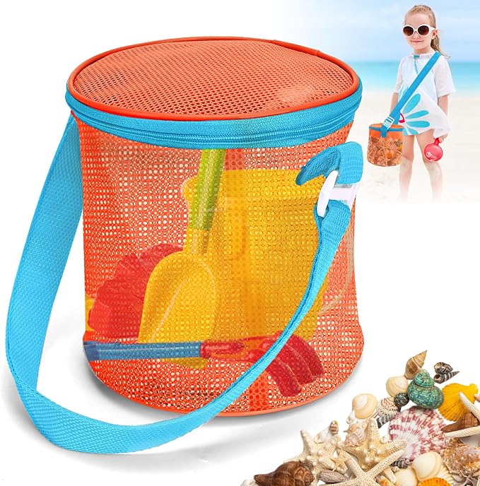 Vodolo Sea Shell Bags for Beach,Large Mesh Seashell Holder for Adults,Shelling Collecting Tools Travel Sand Toys Storage Bucket for Sandbox,Beach Vacation Essentials,Beach Must Haves Toy Bag,Orange