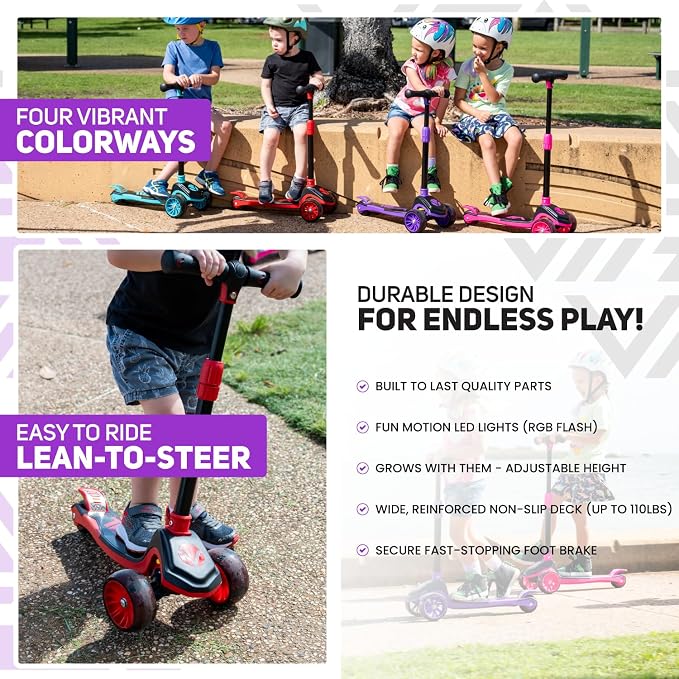 Vital Tyke 3 Wheel Toddler Scooter | LED Wheels, Foldable, Tool-Free Adjustable Handlebar & Removable Seat Scooters for Kids 3-5 and kick Scooters for Kids 5-7 up to 110lbs