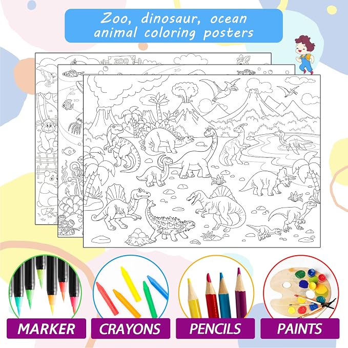 Set of 3 Coloring Posters for Kids Giant Coloring Poster Large Animal Ocean Dinosaur Coloring Tablecloth Jumbo Coloring Books for kids Classroom Home Birthday Party Supplies Favor 31.4 x 43.3 Inch
