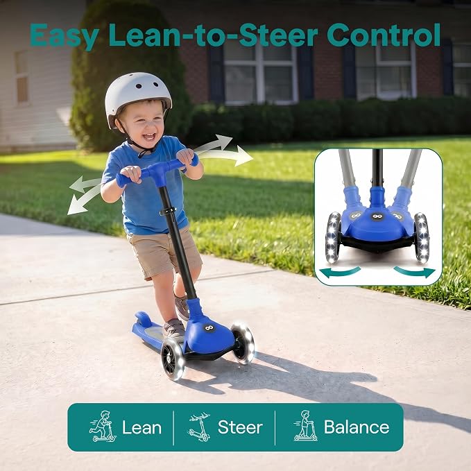 SereneLife Toddler Scooter, Adjustable Micro Scooter for Ages 2-5, Lightweight Kids 3 Wheel Design with LED Light-Up Wheels, Anti-Slip Deck & Lean-to-Steer Control, Indoor/Outdoor Use (Blue)