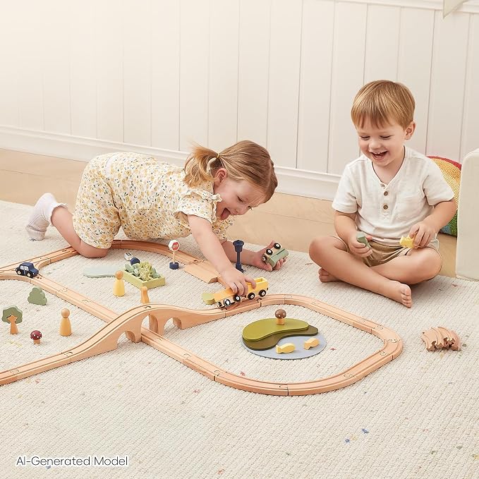 OOOK Multi-Scenario Wooden Train Set,All Wood Accessories Train Set for Toddlers 3 Years Old, Multi-Scenario Train Toy for 3 4 5 Years Old Girls & Boys