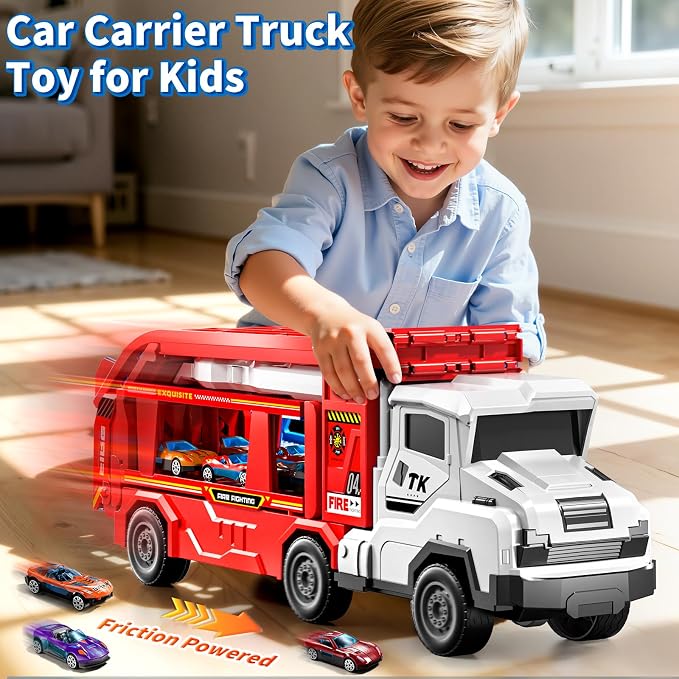 3-in-1 Kids Carrier Truck Toy Car Tracks for Toddlers 2-4 Years Old with 12 Racing Cars Toys, Foldable Chasing Race Track and Car Garage, Car Ramps Birthday Gift for Boys Girls 3-5 4-8(Red)