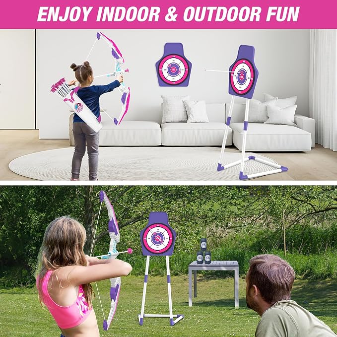HYES Bow and Arrow for Kids 4-6, LED Light Up Archery Set with 12 Suction Cup Arrows, 1 Standing Target, 3 Score Targets&1 Quiver, Indoor Outdoor Sport for Boys Girls Ages 8-12, Purple