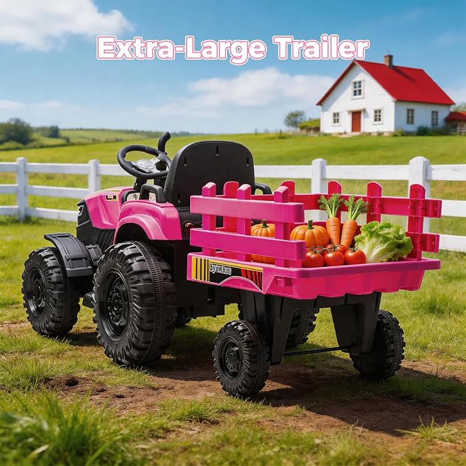 24V Kids Ride-On Tractor with Trailer, 400W Electric Farm Truck with Remote & Pedal Control, Headlights, USB MP3, Power Display, Adjustable Speeds, Safety Belt, Ride-On Toy Gift, Magenta