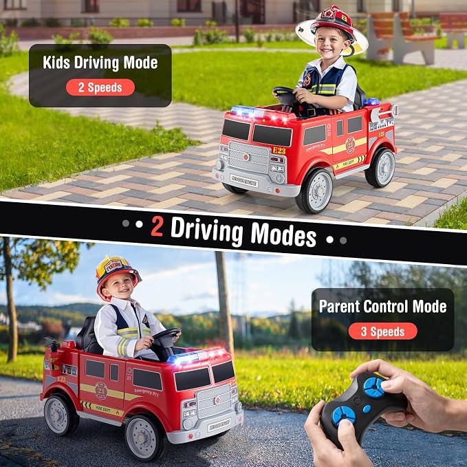 Costzon Kids Ride on Fire Truck, 12V Battery Powered Fire Car w/Remote Control, Extinguisher, Shovel, Loudspeaker, Music, Sirens, Lights & Wireless Connection, Electric Vehicle for Kids(Fire Truck)