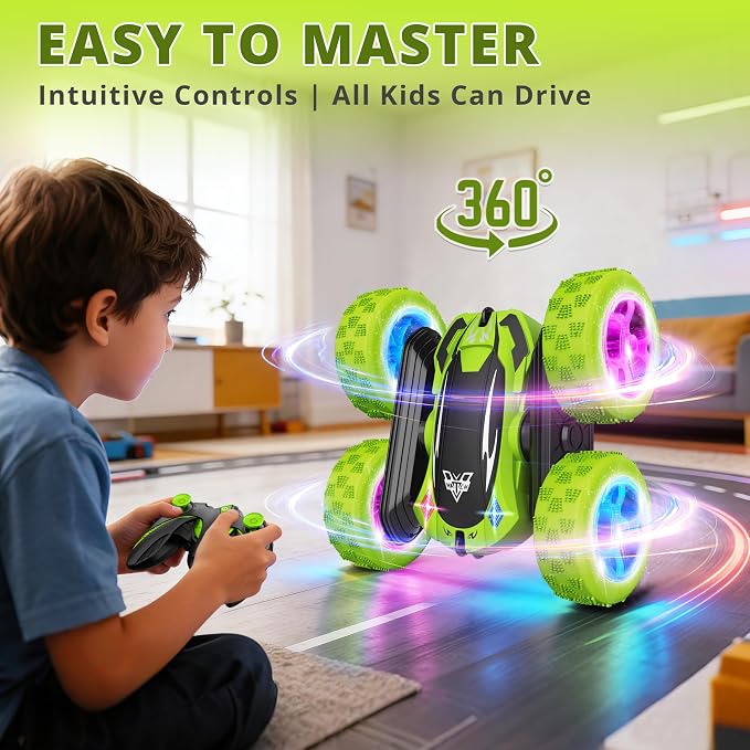 KKONES Remote Control Car, 2.4GHz Electric Race Stunt Car, Double Sided 360° Rolling Rotating Rotation, LED Headlights RC 4WD High Speed Off Road Gift for 3 4 5 6 7 8-12 Year Old Boy Toys (Green)