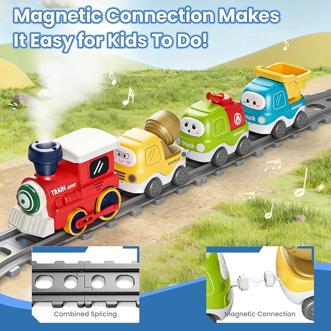 Electric Train Set for Toddlers with Sound & Lights, Magnetic Connection Train Toys with Tracks & Road Signs, Christmas Birthday Gift for 3 4 5 6 Year Old Boys Girls