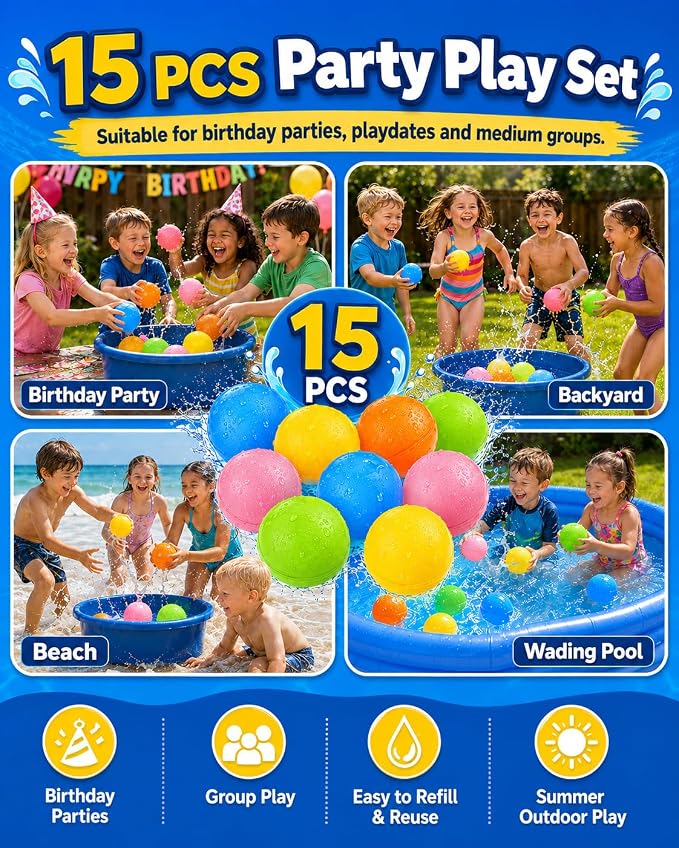 SOPPYCID Reusable Water Bomb balloons, Magnetic Refillable Water balls - Pool Toys for Boys and Girls, Beach Outdoor Activities Water Games Toy for kids Self Sealing Water Splash Ball (15Pack)