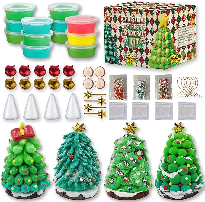 Xoprmey 12Pack Christmas Trees Crafts Kit - Air Dry Clay Christmas Trees Crafts for Kids,Modeling Clay DIY Kit for Kids,Great for Birthday Parties,School Winter Party Fun,for Age 3+