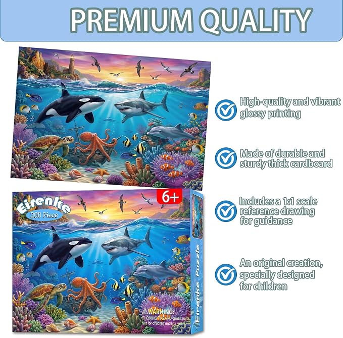 Puzzles for Kids Ages 6-8 Year Old - Underwater World, 200 Pieces Jigsaw Puzzles for Kids Ages 8-10, Learning Educational Toys for Boys and Girls Gift