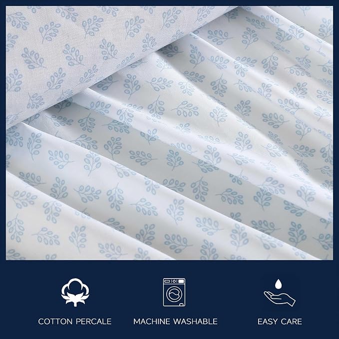 Nautica - Full Size Sheets Set, Crisp & Tailored Floral Bedding with a Smooth Cotton Percale, Bed Sheets with Matching Pillowcases & Fitted Sheet (Breezy Bloom Blue)