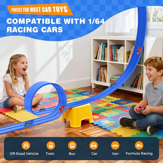 TAEMVV 15 Ft Dual Flexible Race Track for Kids, DIY Ramps Car Track Set Compatible with Hot Wheels 1/64 Diecast Cars, Reinforced Suction Cup for Boys Girls 3+, Solid Blue