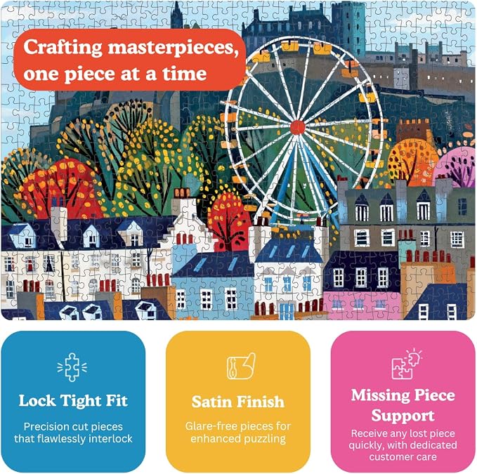 Cross & Glory – Castle & Carousel – 1000 Piece Jigsaw Puzzle for Adults | Colorful Edinburgh Folk Art Puzzle | Bright Scottish City Artwork | Premium Ribbon-Cut Puzzle with Satin Finish