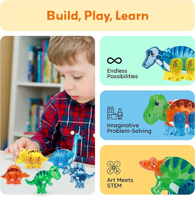 PicassoTiles Dinosaur Magnetic Tiles Accessory Set Mix and Match Dino Figure Parts for STEM Magnet Tile Construction Building Blocks Sets Creative Pretend Play Educational Toy for Kids Ages 3+ PTA28