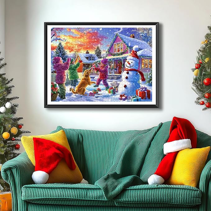 Christmas Puzzles for Adults 1000 Pieces, Christmas Snowman Ice Sculpture with Dog Jigsaw Puzzles Adults and Teens Family Challenging for Game Nights (27.5 x 19.7 inch)