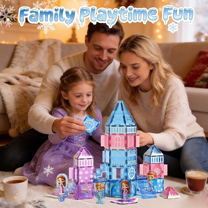 GobiDex 100PCS Magnetic Tiles Princess Castle with 4 Dolls & Stairs, Princess Magnetic Building Blocks for Kids Ages 3-5 4-8, Magnets Sensory Toddler Toys Birthday Gifts for 3+ Year Old Girls Boys
